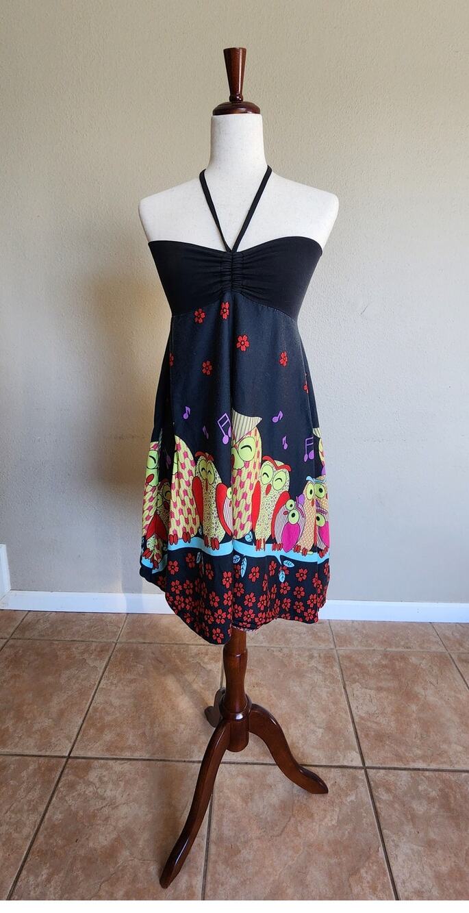 Kathmandu Imports Women's Halter Dress Owl Y2K Boho Hippie Music